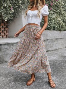 Breezaya Falda con estampado floral bajo con fruncido - Multicolor - Ver 6