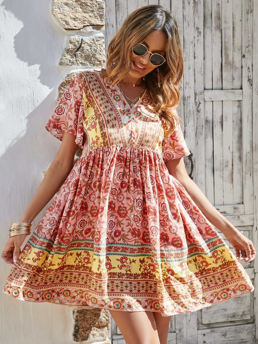 Floral Print V-neck Smock Dress - Multicolor - View 1