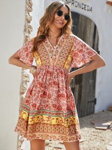 Floral Print V-neck Smock Dress - Multicolor - View 7