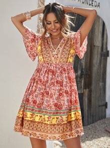 Floral Print V-neck Smock Dress - Multicolor - View 8