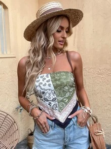 SHEIN Unity 佩斯利印花後綁帶手帕抹胸上衣 - 彩色 - 查看 1