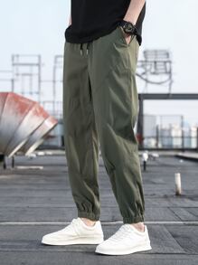 Manfinity Quần Nam Dây kéo Túi màu trơn Giải trí - xanh quân đội - Xem 4