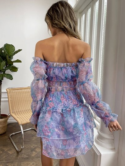 オフショルダー 花柄プリント フリルトリム オルガンザ クロップトップ ＆ シール レイヤーヘム スカート