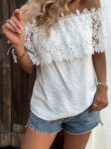 SHEIN LUNE Contrast Guipure Lace Off Shoulder Blouse - White - View 3