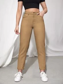 Jeans de cintura alta unicolor - Camel - Ver 1