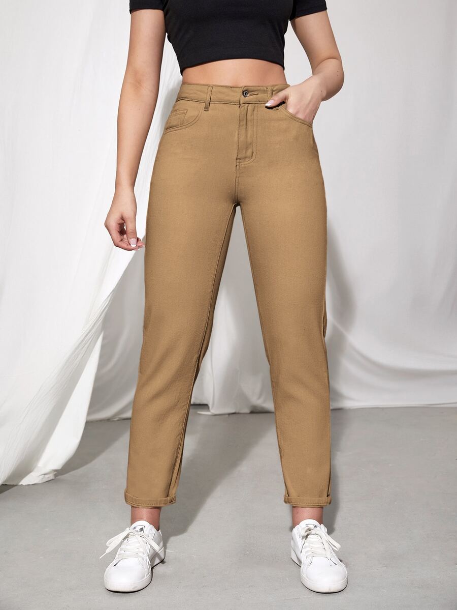 Jeans de cintura alta unicolor - Camel - Ver 1