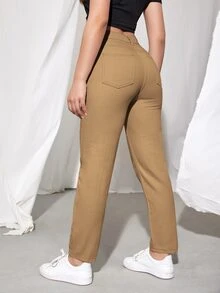 Jeans de cintura alta unicolor - Camel - Ver 2