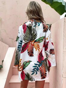 SHEIN VCAY Tropical Print Halter Top & Belted Shorts & Kimono - White - View 2