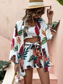 SHEIN VCAY Tropical Print Halter Top & Belted Shorts & Kimono - White - View 4