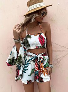 SHEIN VCAY Tropical Print Halter Top & Belted Shorts & Kimono - White - View 5