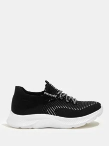 Cuccoo Lace-up Front Knit Wide Fit Running Shoes - Black - View 4