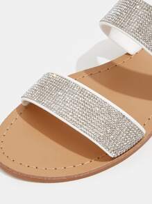 Fashionable Outdoors Flat Slippers For Women, Rhinestone Decor Twin Strap Fabric Open Toe Slide Sandals - White - View 3