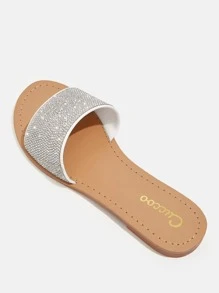 Glamorous Outdoors Flat Slippers For Women, Glitter Rhinestone Decor Fabric Open Toe Slide Sandals - White - View 5