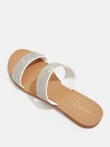 Fashionable Outdoors Flat Slippers For Women, Rhinestone Decor Twin Strap Fabric Open Toe Slide Sandals - White - View 6