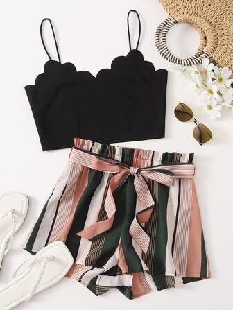 Plus Scallop Trim Cami Top & Paperbag Waist Striped Shorts