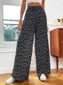 SHEIN VCAY 小碎花闊腿褲 - 黑色 - 查看 7