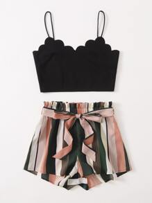 SHEIN VCAY Plus Scallop Trim Cami Top & Paperbag Waist Striped Shorts - Multicolor - View 3