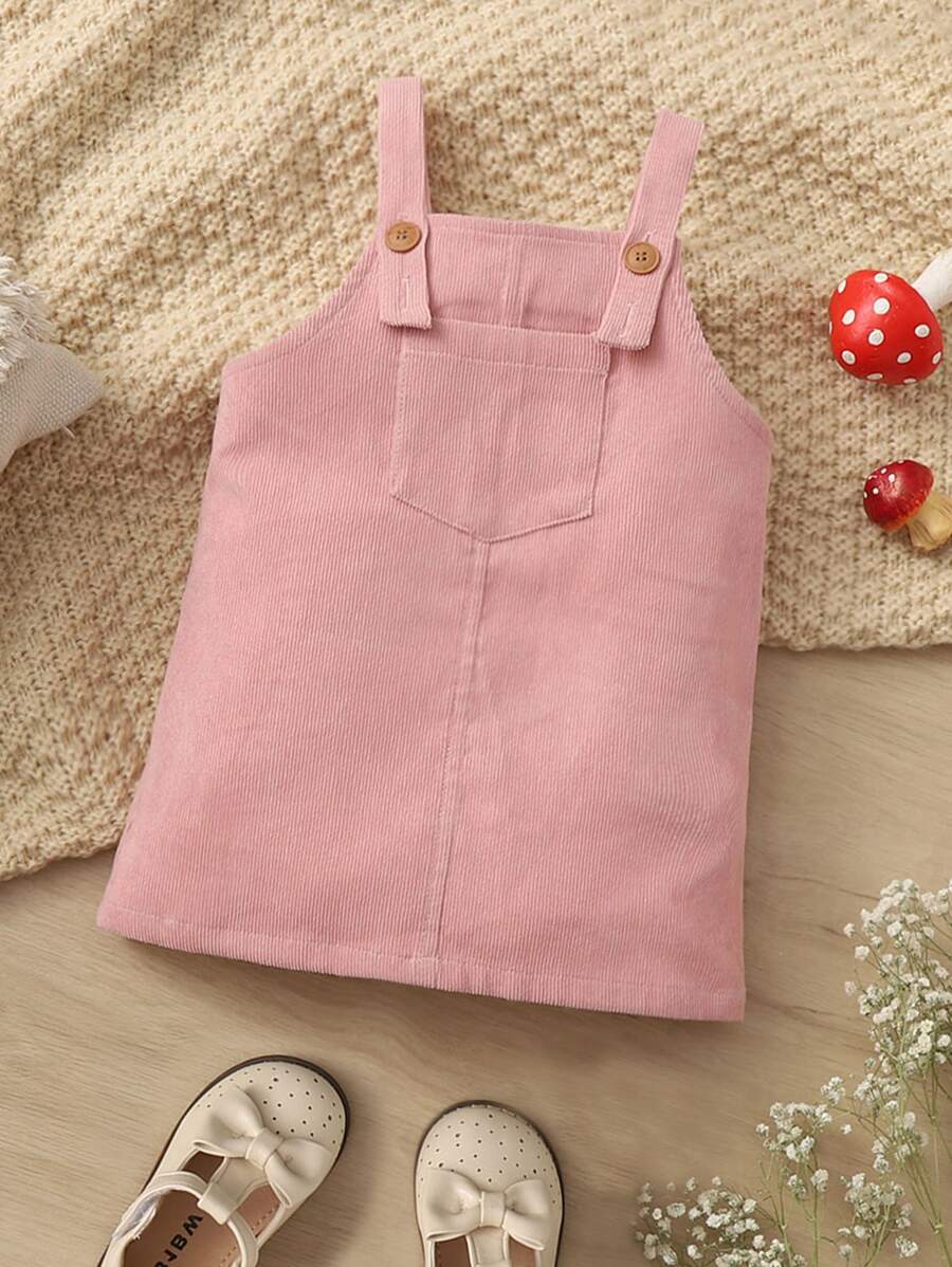SHEIN Baby Button Patched Pocket Front Pinafore Dress - Dusty Pink - View 1