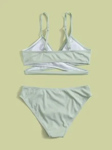 Tween Girl Colorblock Rib Bikini Set Summer Beach - Lime Green - View 2