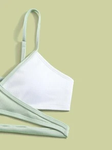 Tween Girl Colorblock Rib Bikini Set Summer Beach - Lime Green - View 3