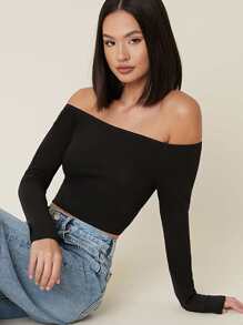 SHEIN X Antonella SHEIN BASICS Áo thun crop top hở vai ôm sát dáng suông - màu đen - Xem 5