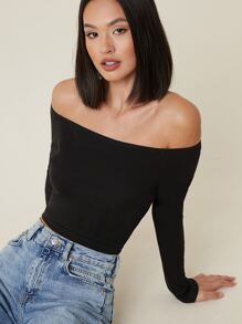 SHEIN X Antonella SHEIN BASICS Áo thun crop top hở vai ôm sát dáng suông - màu đen - Xem 4