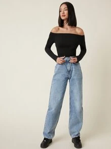 SHEIN X Antonella SHEIN BASICS Áo thun crop top hở vai ôm sát dáng suông - màu đen - Xem 6