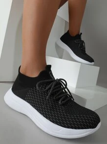 Cuccoo Knit Detail Graphic Breathable Running Shoes - Black - View 2