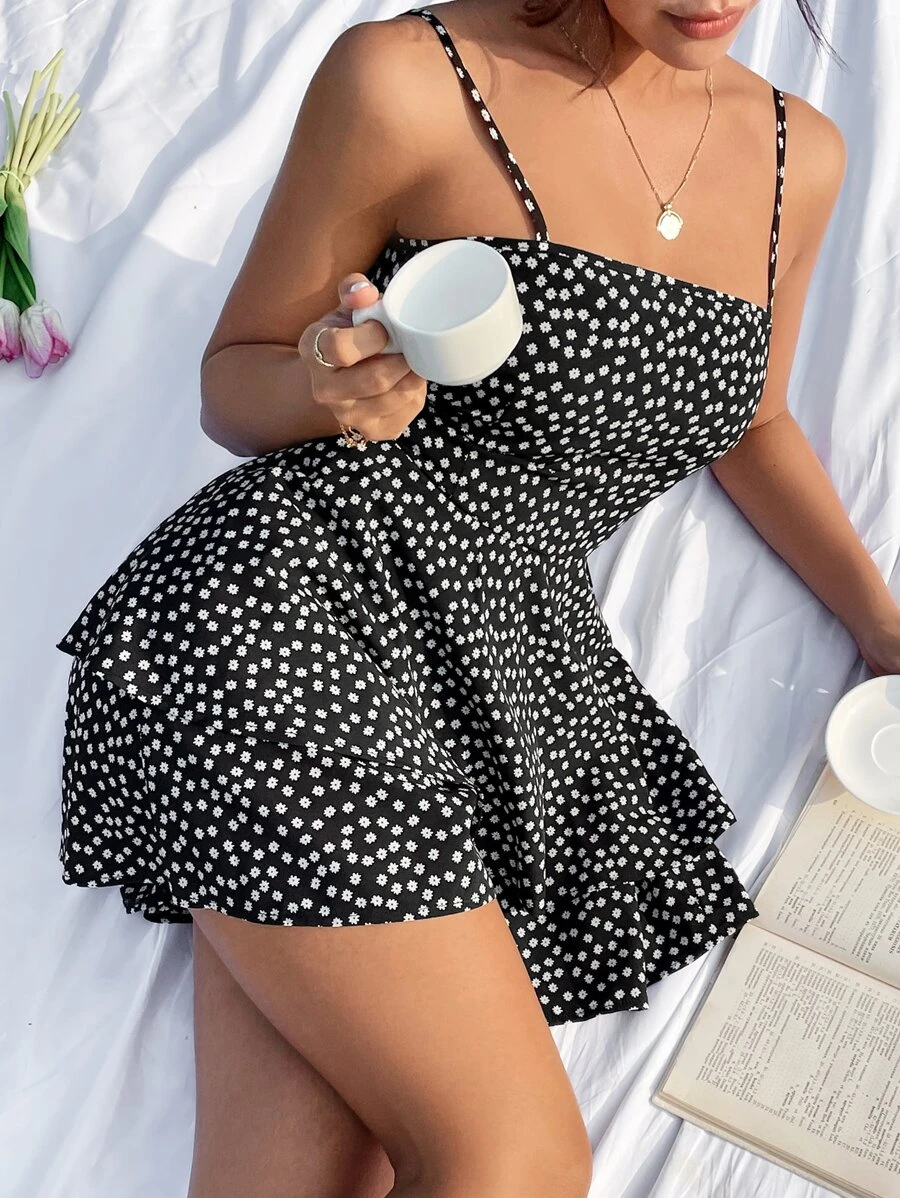 Soleia Ditsy Floral Print Tie Back Layered Hem Cami Romper - Black and White - View 1