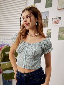 Blusa de guingán con botón delantero de manga farol - Verde - Ver 4