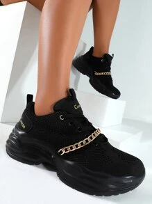 Cuccoo Metallic Chain Decor Lace-up Front Chunky Sneakers - Black - View 2