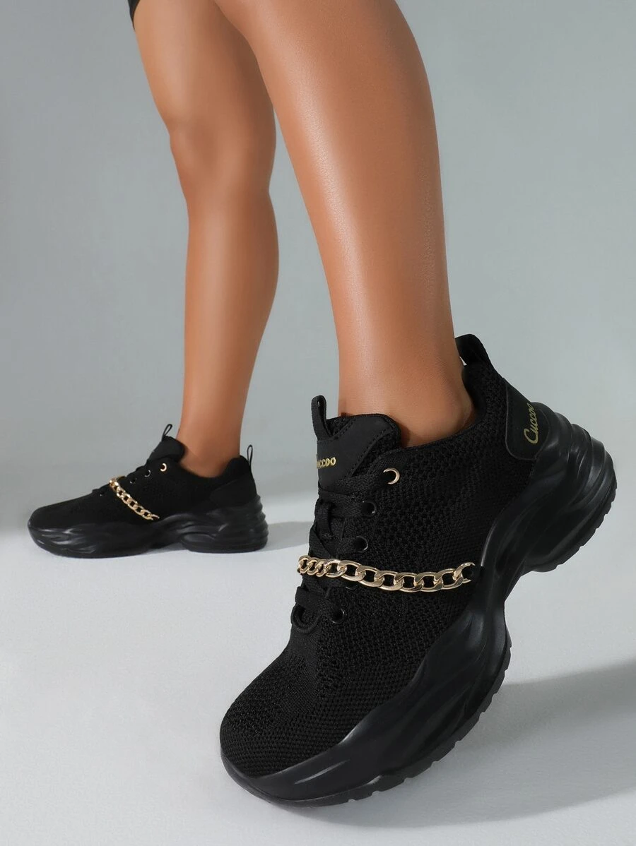 Cuccoo Metallic Chain Decor Lace-up Front Chunky Sneakers - Black - View 1