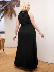 SHEIN Plus Solid Halter Neck Split Thigh Belted Dress - Black - View 2