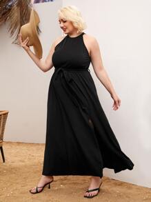 SHEIN Plus Solid Halter Neck Split Thigh Belted Dress - Black - View 4