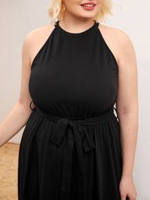 SHEIN Plus Solid Halter Neck Split Thigh Belted Dress - Black - View 5