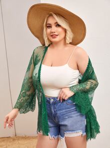SHEIN Plus Solid Sheer Lace Kimono - Green - View 5