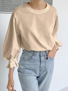 DAZY Flounce Sleeve Solid Tee - Beige - View 1