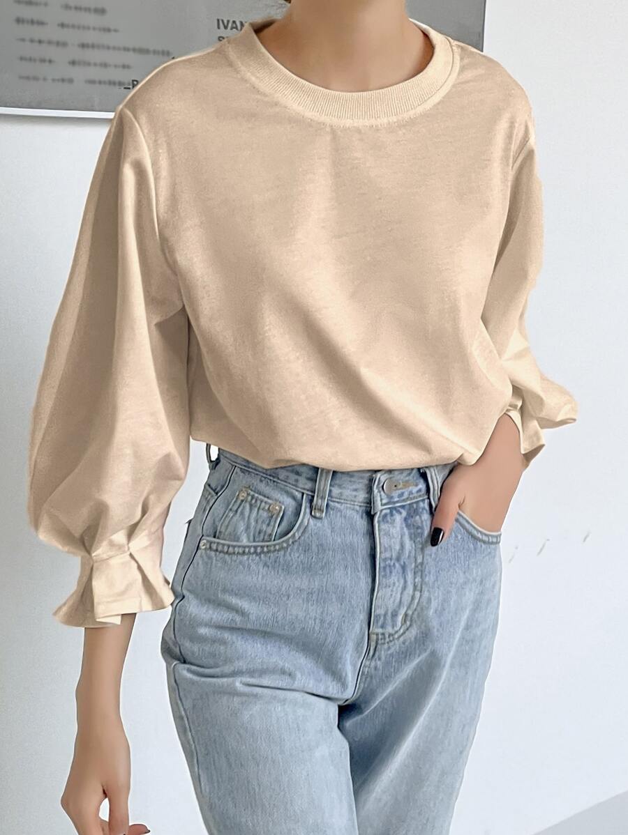 DAZY Flounce Sleeve Solid Tee - Beige - View 1