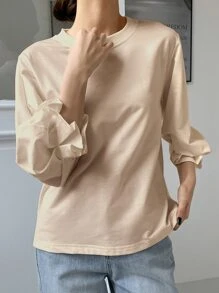 DAZY Flounce Sleeve Solid Tee - Beige - View 4