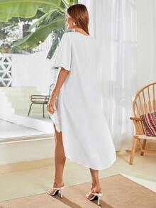 SHEIN Frenchy Solid Butterfly Sleeve High Low Ruffle Trim Layered Hem Blouse - White - View 2