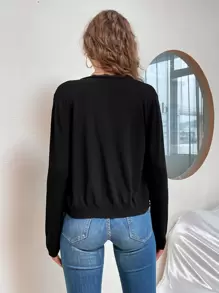 SHEIN Frenchy Contrast Lace Button Front V Neck Cardigan - Black - View 2