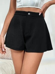 Quần đùi nữ Nút màu trơn Giải trí - màu đen - Xem 3