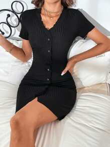 Vestido De Canalé Con Botones - Negro - Ver 1