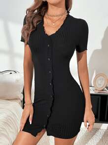Vestido De Canalé Con Botones - Negro - Ver 4
