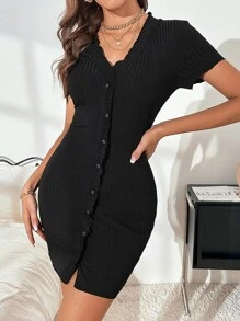 Vestido De Canalé Con Botones - Negro - Ver 5