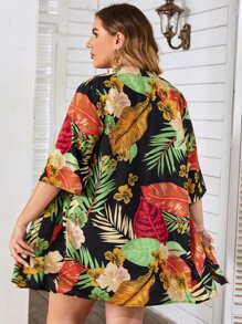 Plus Floral & Tropical Print Kimono With Shorts - Black - View 2