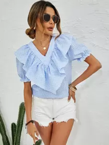 SHEIN Clasi Gingham Ruffle Trim Flounce Sleeve Blouse - Blue and White - View 1