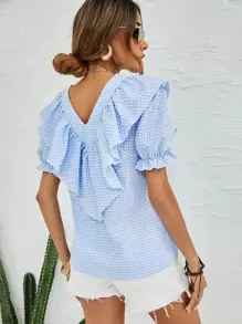 SHEIN Clasi Gingham Ruffle Trim Flounce Sleeve Blouse - Blue and White - View 2
