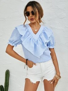 SHEIN Clasi Gingham Ruffle Trim Flounce Sleeve Blouse - Blue and White - View 3
