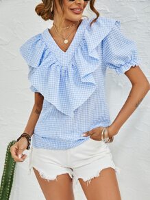SHEIN Clasi Gingham Ruffle Trim Flounce Sleeve Blouse - Blue and White - View 4